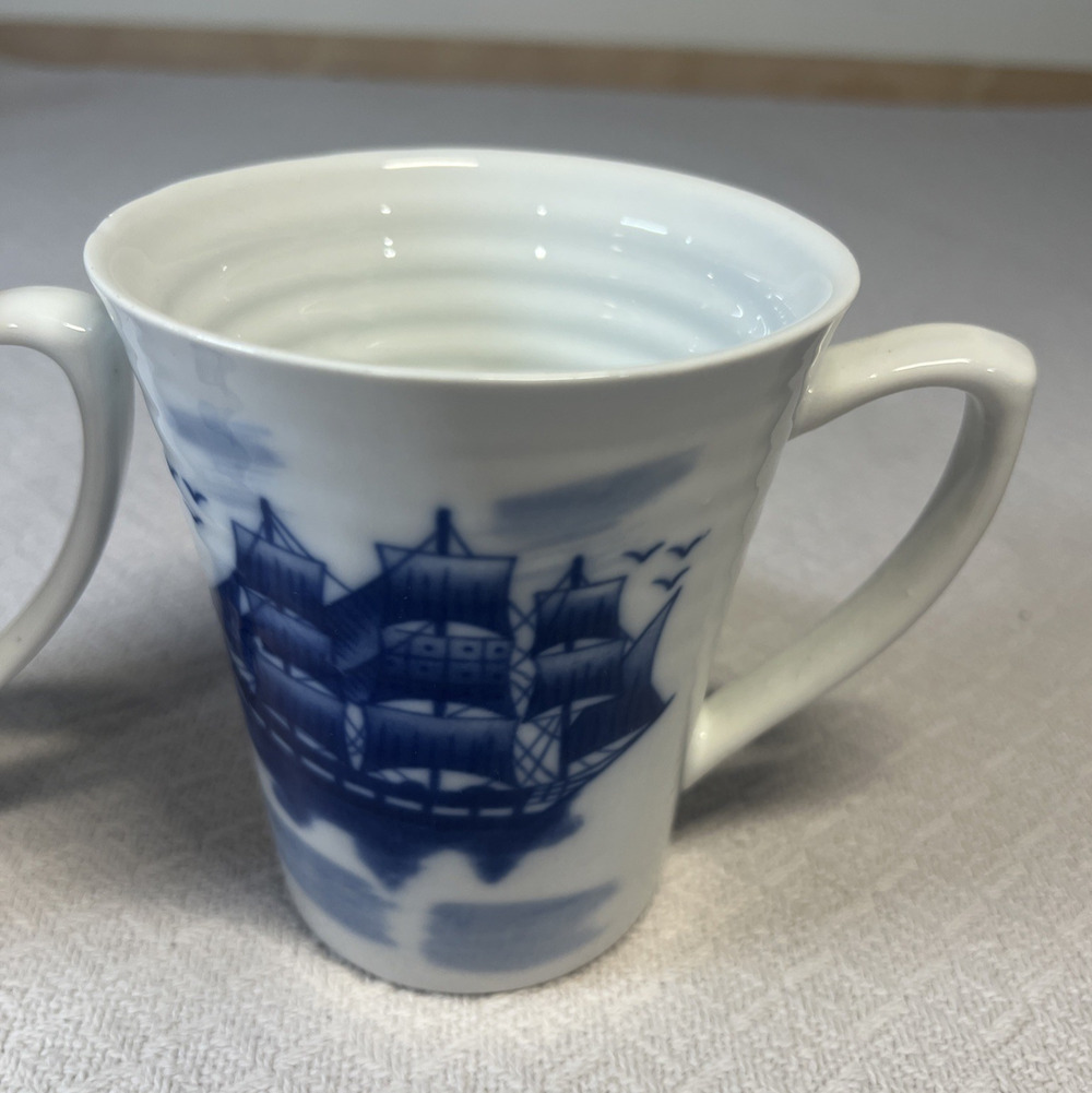 Nantucket Distributing Co Mug/ Cup With Sailboats Blue And White Set Of 2